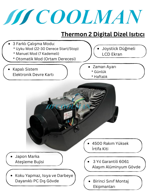 Coolman Thermon 2 Dijital Dizel Isıtıcı 2,8 kW 12-24V 4 Coolman Thermon 2 Dijital Dizel Isıtıcı 2,8 kW 12-24V görsel 4